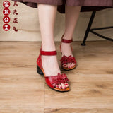 New Sandals National Wind Leather Women's Shoes Thick Heel Fish Mouth Mother Shoes Elderly Women's Shoes Soft Bottom
