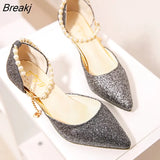 Pointed toe Pearl High heels shoes Female Fashion hollow with Sandals Paillette of the Thin Breathable shoes Women