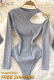 Hollow Out One Shoulder Long Sleeve Bodysuit for Women Solid O-neck Slim Fit Body Top Casual Spring Autumn Bodycon