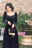 Vintage Balck Long Sleeve Dress Woman Elegant Fashion Velvet Midi Dress Korean Style Even Party Dress Casual 2023