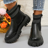 Patchwork Pu Leather Ankle Boots Women 2023 Fashion Chunky Platform Chelsea Boots Woman Elastic Knitted Short