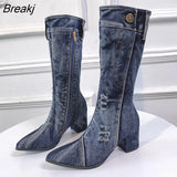 Women Chunky Denim Mid-Calf Boots Block High Heels Boots Winter Fashion Cowboy Western Boots thick heels