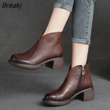 Genuine Leather Ankle Boots Women Shoes 2023 New Autumn Winter Round Toe Square Heel Zip Handmade Leisure Women