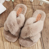 Women Warm Fluffy Slippers Cozy Faux Fur Cross Indoor Floor Slides Flat Soft Furry Ladies Cotton Slippers Flip