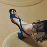 Square Heels Women's Shoes Beach Sandals for Woman One Word Summer 2023 Blue Medium New Breathable Fashion Vip Sale F