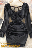 Autumn Winter Velvet Dress for Women Sexy Chain Criss Cross V-neck Long Sleeve High Waist Folds Mini Party Dress