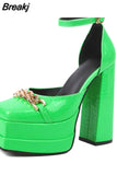 Stone Pattern Women Pumps Big Size Double Platform Shoes For Women Fashion Chain Buckle Strap Square Toe Chunky Heel
