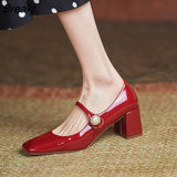 Spring Style Red Women's One-word High-heeled Shoes Mary Jane Shoes Patent Leather Square-toe Thick-heeled Single