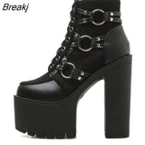 Spring Fashion Motorcycle Boots Women Platform Heels Casual Shoes Lacing Round Toe Shoes Ladies Autumn Boots Black
