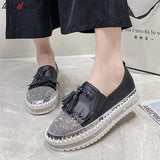 43 Luxury Crystals Round Toe Flats Women Pink white Bordered Fringe Platform Casual Female Rhinestone Women Shoes