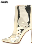 Women Stiletto Patent Leather Demonia Boots Pointed Toe Thin High Heels Shoes Ladies Metal Golden Ankle Boots For Women