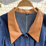 Women Denim Dress Vintage Style PU Leather Patchwork V-neck Long Sleeve Single Breasted A-line Elegant Jeans Dress with