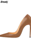 brown pumps PU leather 12cm high heeled shoes women fashion ladies sexy pointed toe plus size 45 YG001