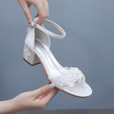 Breakj Cm Square Sandals Shallow Mouth With Coarse Sandals Horseshoes And White Lace Flowers Bride Wedding