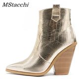 Gold Snake Print Ankle Boots For Women Wedge High Heels Boots Woman Runway Design Chunky Heels Botas Mujer Western