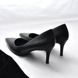 2023 New Soft Leather Black Professional High Heels Female Stiletto All-match Flight Attendant Single Shoes Work
