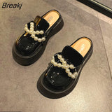 Platform Mule For Women New Slippers Loafer Chunky Golden Chains Leather Pearl Loafer Thick Bottom Ladies Luxury