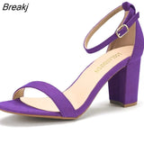 Women High Heels Sandals Women New Summer Shoes Woman Fashion Buckle Strap Square Heel Flock White Open Toe
