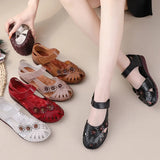 Summer New Head Layer Cowhide Flat Bottom Women's Shoes National Wind Leather Hollow Out Small Flower Women's Sandals Mother