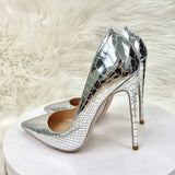 Silver Embossed Crocodile Effect Women Sexy Pointy Toe High Heel Party Shoes Bling Shiny Fashion Designer Stiletto
