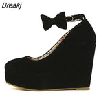 Women High Heels Shoes Fashion Wedges Ladies Platform Buckle Bowtie Pumps for Woman Plus Size 42 Wedding Bridal Shoes Round