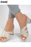 Open-toe Cross Women Slippers Shallow Heel Women's Shoes Women Sandals Summer Fashion Square Heel Slippers Designer