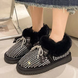 Crystal Warm Long Plush Snow Boots Women Luxury Rhinestone Winter Shoes Woman Flat Heels Non Slip Fur Botas Mujer