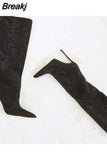 Women's High Boots Pointed Toe Slip-on Long Boots Women Demonia Boots High Heels Sexy Stiletto Ladies Party Shoes
