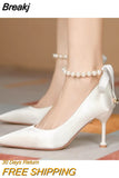 Ankle Pearl White Pumps Design High Heels Women Pumps Stiletto Sexy Bow Strap Dress Wedding Bride Shoes Shoes for