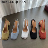 Women Shoes Slingbacks Thick Heel Sandals Elegant Pumps For Party Wedding Shoe Square Toe Sandal Slip On Mule Shoe