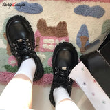 shoes Women Oxfords Spring Autumn Casual Platform Shoes Black Lace Up Leather Shoe Sewing Fashion Round Toe Chunky