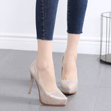 NEW Women Wedding Shoes High Heels 11.5CM Lady Pearl Platforms White Glitter Bridal Shoes Women Thin Heel Party Pump