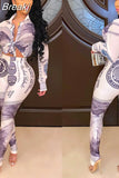 Retro Prints Long Pants Set Fashion New Street Casual Style Two Piece Sets Long Sleeve Top Elastic Skinny Pants