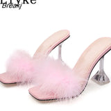 9CM Transparent High Heels Fur Slippers Women Feather Sandals Peep Toe Mules Lady Pumps Slides Party Shoes