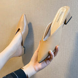 Summer Fashion Women Pointed Toe Slipper Nude White Square Low Heels Outsides Ladies Slides Luxury Brand Beach Mules