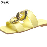 Sandals Slippers for Women Summer 2023 Metal Chain New Style All-match Flat-heeled Square Toe Fashion Korean Beach