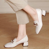 Leather Middle Heel Women Shoes Square Buckle Thick Heel Females Shoes Fashion Leisure Spring Ladies Dress Pumps Size