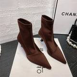 Socks Heels Winter Shoes For Women Boots-Women Stockings 2024 Autumn Rubber Pointy High Heel Ankle Ladies Lace-Up
