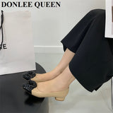 Flats Shoes Woman Brand Metal Buckle Round Toe Ballerina Comfortable Shallow Slip on Casual Ballet Embroidery Black