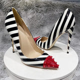 Red Spikes Poinry Toe Women Striped Print High Heel Party Shoes Sexy Ladies Slip On Designer Stiletto Pumps