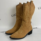 New Embroidery Pointed Toe Western Boots Women Slip On Thick Heels Mid Calf Boots Woman Brown Flock Cowboy Botas