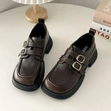 Toe Shallow Mouth Casual Woman Shoes British Style Platform Loafers Woman Brown Retro Mary Jane Shoes College Uniform
