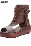 Black Women Leather Sandals Cool Boots Platform Shoes Wedges Sandals Women Shoes Fashion Outdoor