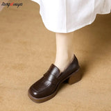Women Heels Oxford Med Chunky Heel Pumps Shoes Retro Square Toe Slip On Leather England Style Spring Loafer Oxford