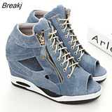 Wedge Heel Denim Women's Shoes 2023 Summer New Lace-up Zipper Thick Sole Sandals Fish Mouth Open Toe Sandals Platform