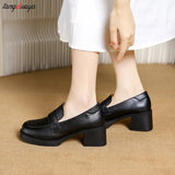 Women Heels Oxford Med Chunky Heel Pumps Shoes Retro Square Toe Slip On Leather England Style Spring Loafer Oxford