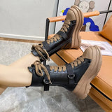 Platform Motorcycle Boots Women Autumn Winter PU Leather Mid Calf Boots Woman Punk Thick Bottom Combat Botas Mujer