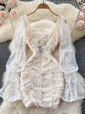 Elegant Women Floral Lace Fairy Dress Sexy Hollow Out Long Flare Sleeve Padded Square Collar Ruched Mini Party Dress