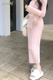 Winter Pink Kawaii Y2k Mini Dress Faux Fur Slim Sexy Bodycon Knitted Dress Woman Elegant One Piece Dress Korean