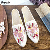 New Fabric Spring Pointed Toe Flat Mules Comfortable Slippers for Casual Fashion Ladies Summer Chinese Embroidered
